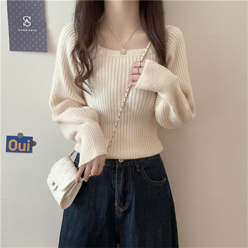 休閒寬鬆百搭方領軟糯燈籠袖針織衫(3色)