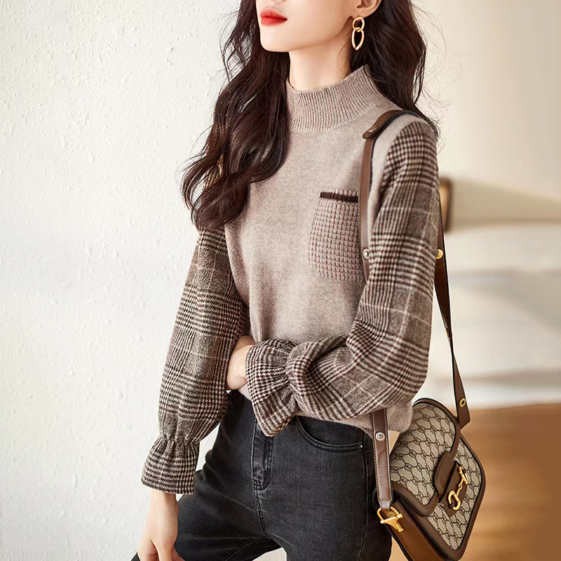 簡約百搭復古英倫風拼色格紋喇叭袖針織衫(3色)