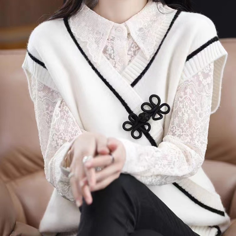 復古設計感盤扣v領寬鬆無袖馬甲針織(3色)