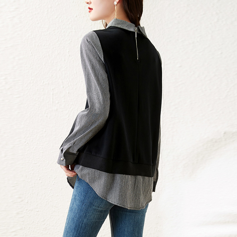 寬鬆撞色條紋假兩件針織拼接衛衣