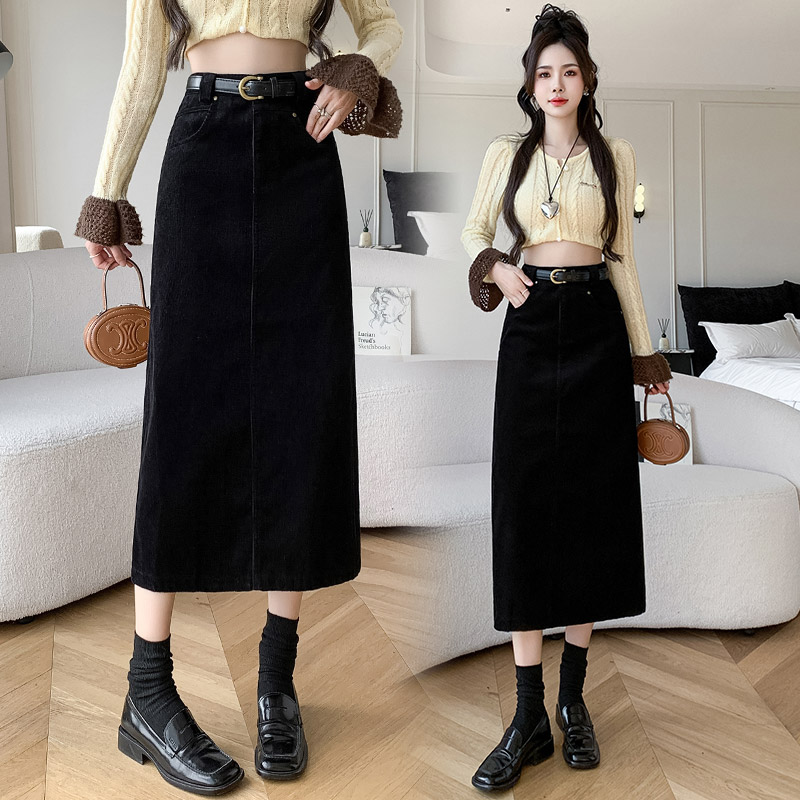 復古赫本風高腰直筒燈芯絨半身裙(3色)