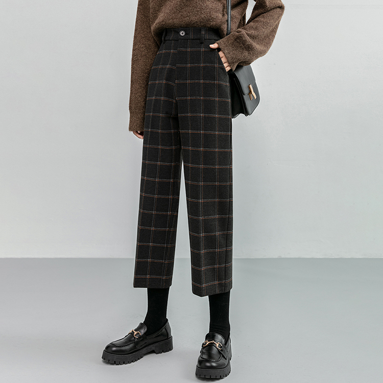 韓系百搭格紋直筒修身八分/九分褲