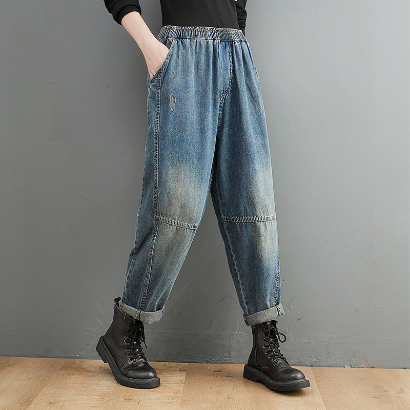 復古寬鬆洗水磨白高腰九分牛仔褲