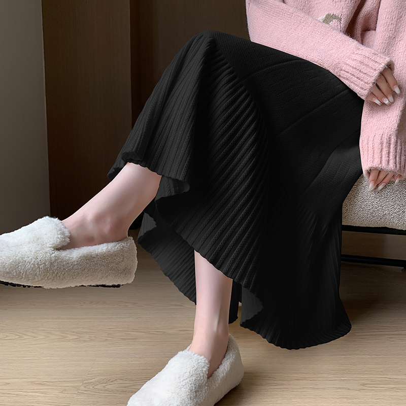 高腰修身顯瘦中長百褶裙針織半身裙(2色)