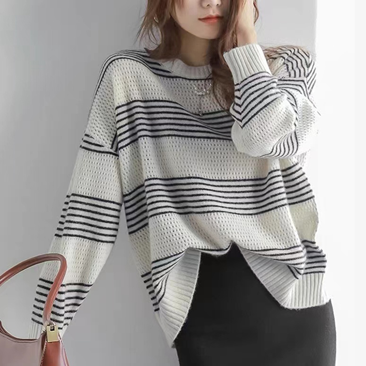 慵懶百搭寬鬆條紋拼色圓領針織衫(3色)