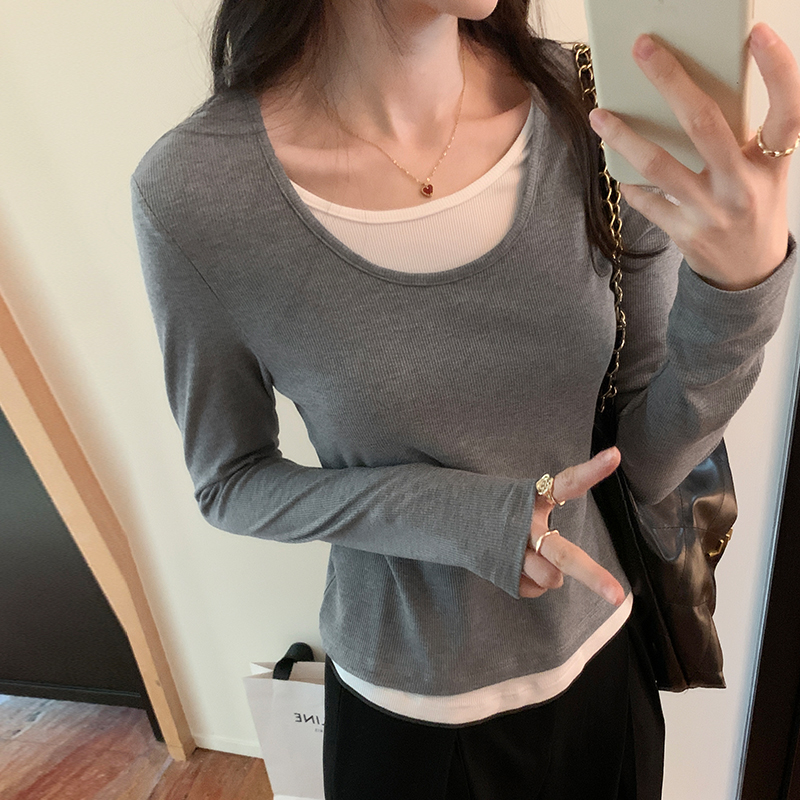 簡約時尚假兩件條紋撞色T恤(4色)