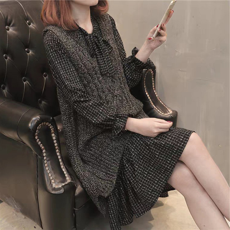 韓系針織無袖馬甲中長款連身裙兩件套