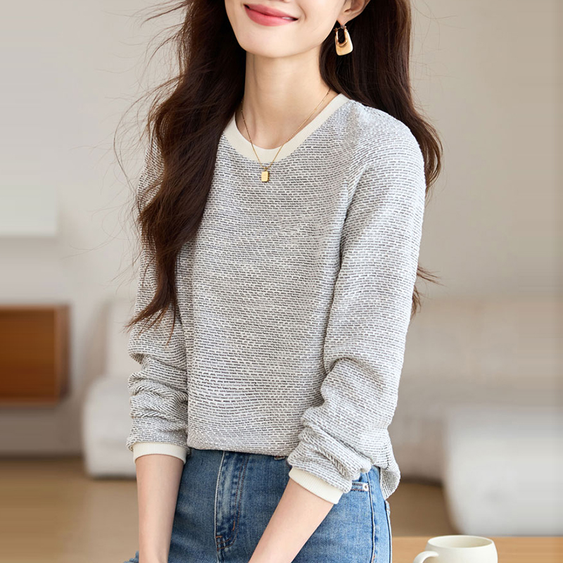 撞色小香風直筒寬鬆針織長袖T恤