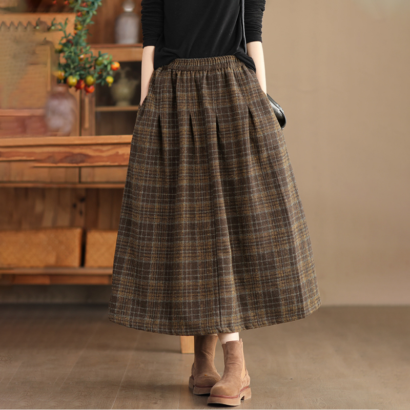 復古格紋高腰中長款半身裙
