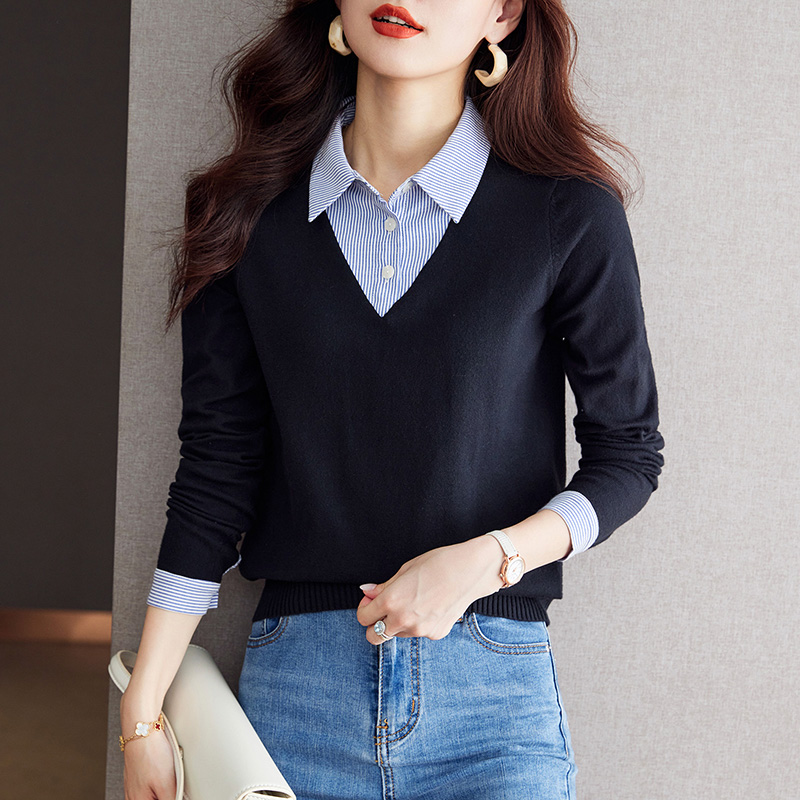 POLO領假兩件拼接格紋長袖針織衫