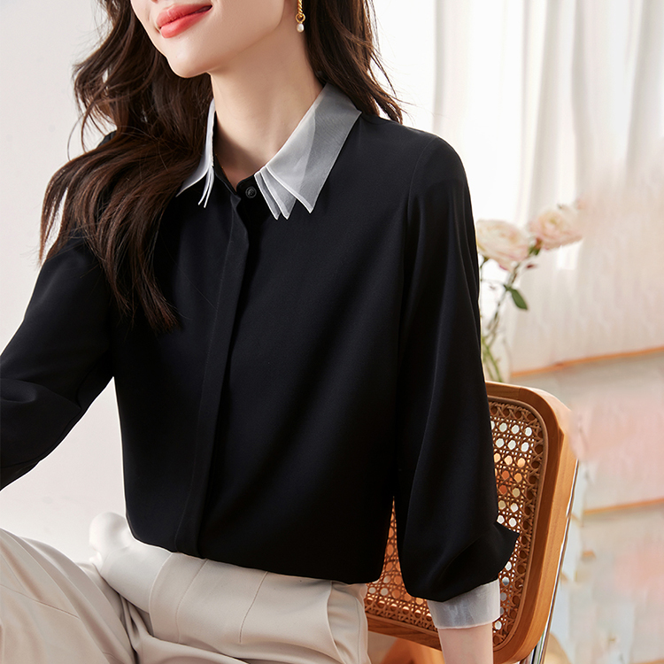 小眾復古拼色POLO領疊穿燈籠袖襯衫