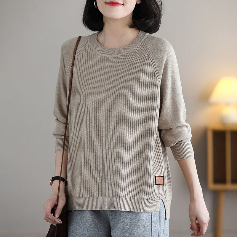 圓領插肩袖下擺開叉針織衫