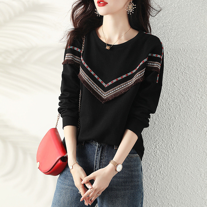 時尚拼接撞色流蘇設計落肩袖衛衣