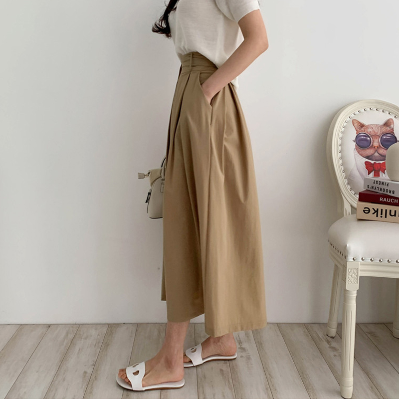 復古繫帶半鬆緊高腰中長款半身裙(2色)