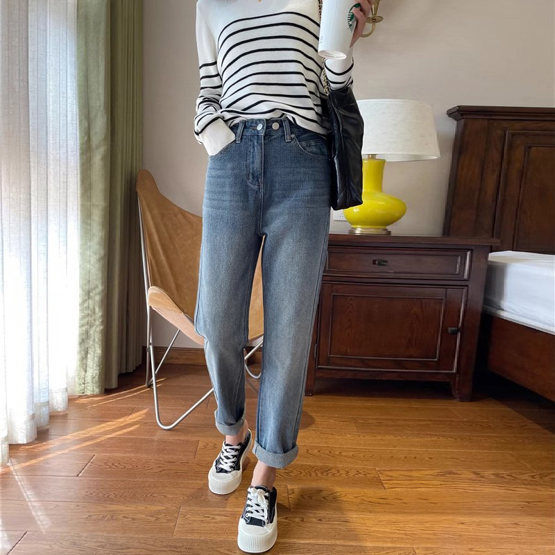 柔軟舒適高腰哈倫九分牛仔褲