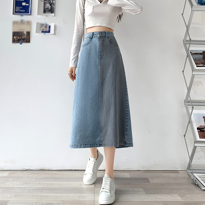 百搭拼色高腰後開叉A字牛仔裙