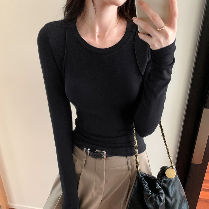 修身圓領拼接長袖T恤(6色)