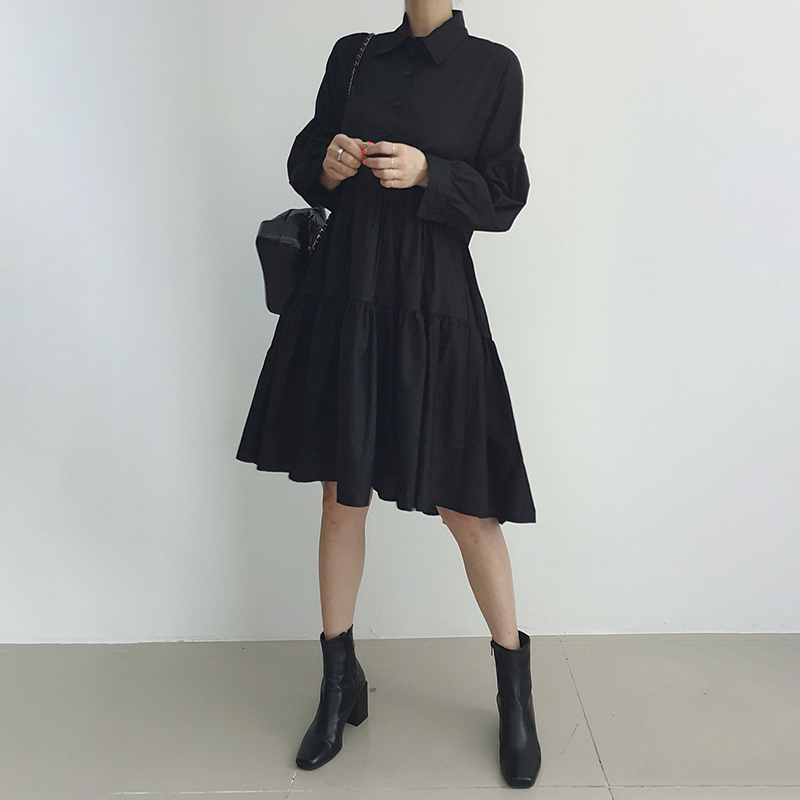 韓系針織馬甲落肩燈籠袖大擺襯衫裙