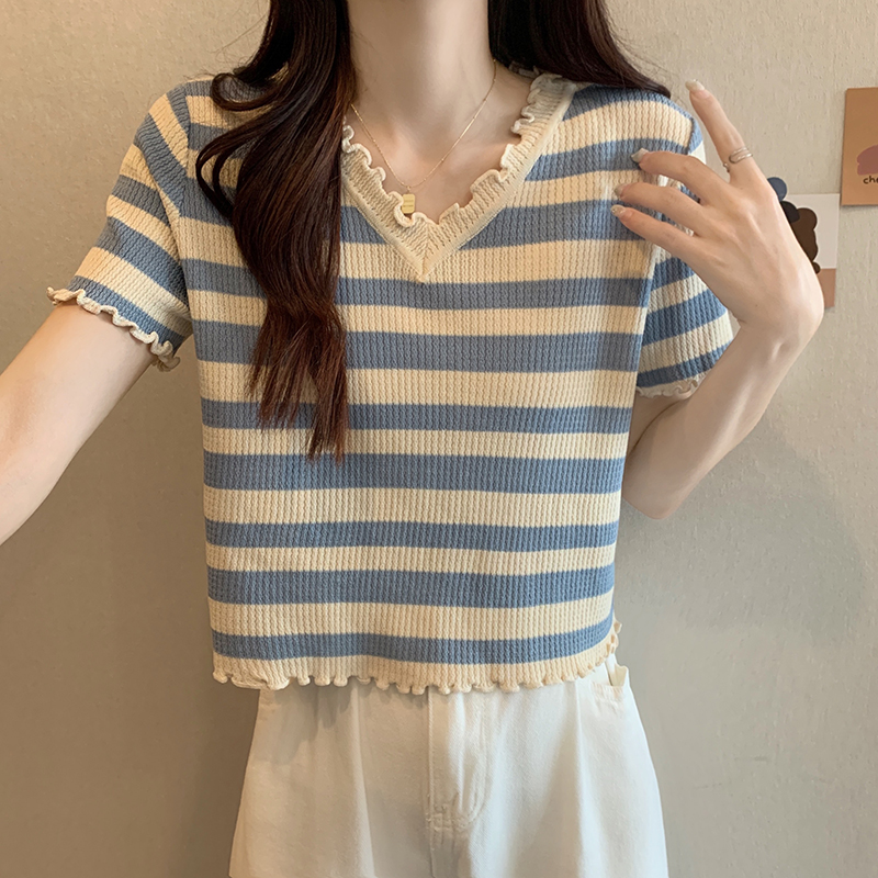 條紋木耳邊條紋短袖針織T恤(2色)