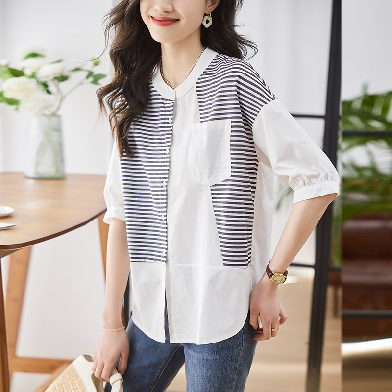 簡約休閒拼接條紋五分袖襯衫