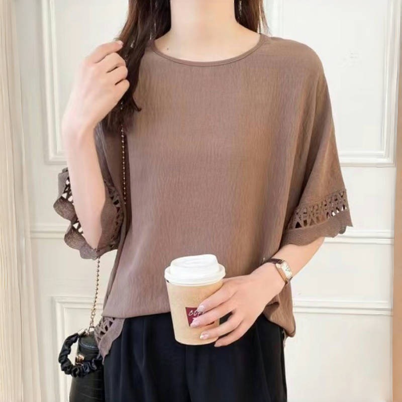 日系鏤空蕾絲拼接五分袖蝙蝠衫(4色)