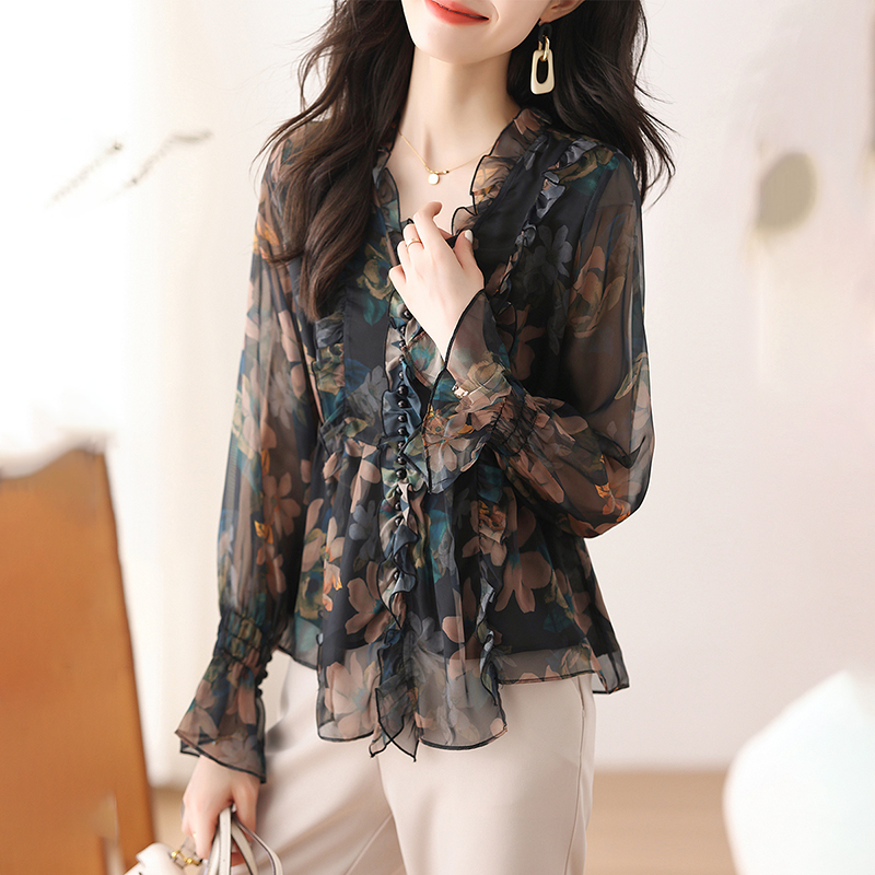 優雅V領碎花收腰喇叭袖荷葉邊小衫