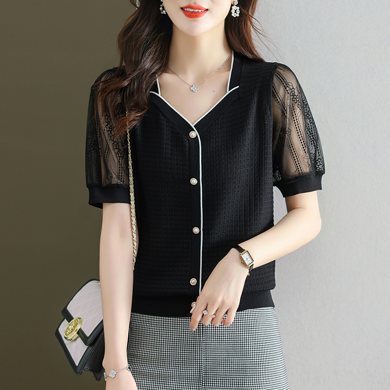 法式方領拼接蕾絲短袖T恤小衫(4色)