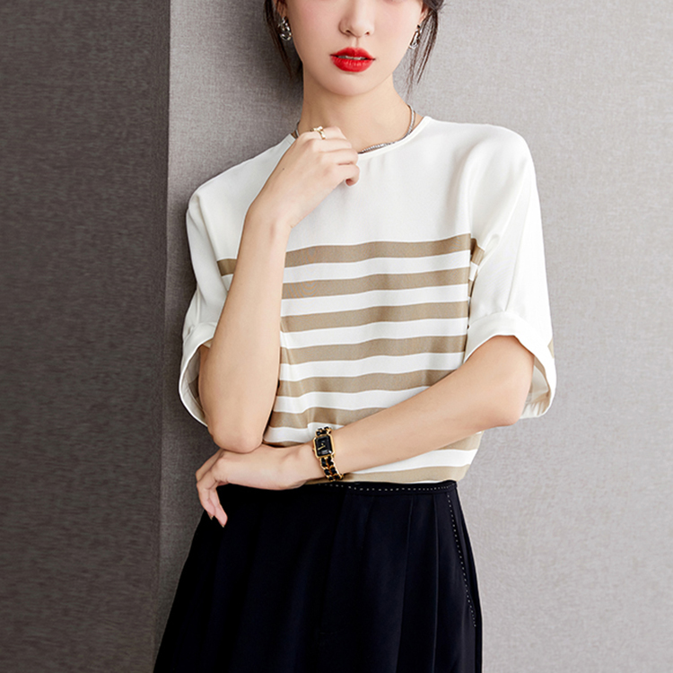 優雅條紋圓領落肩短袖小衫