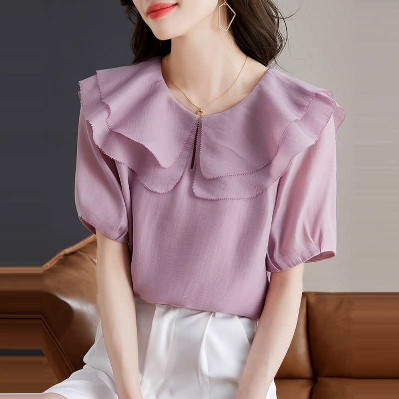 設計感小眾紫色荷葉領短袖小衫