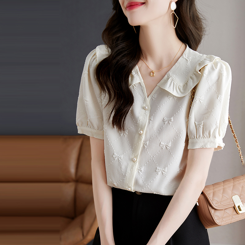 韓系V領立體蝴蝶結泡泡短袖襯衫