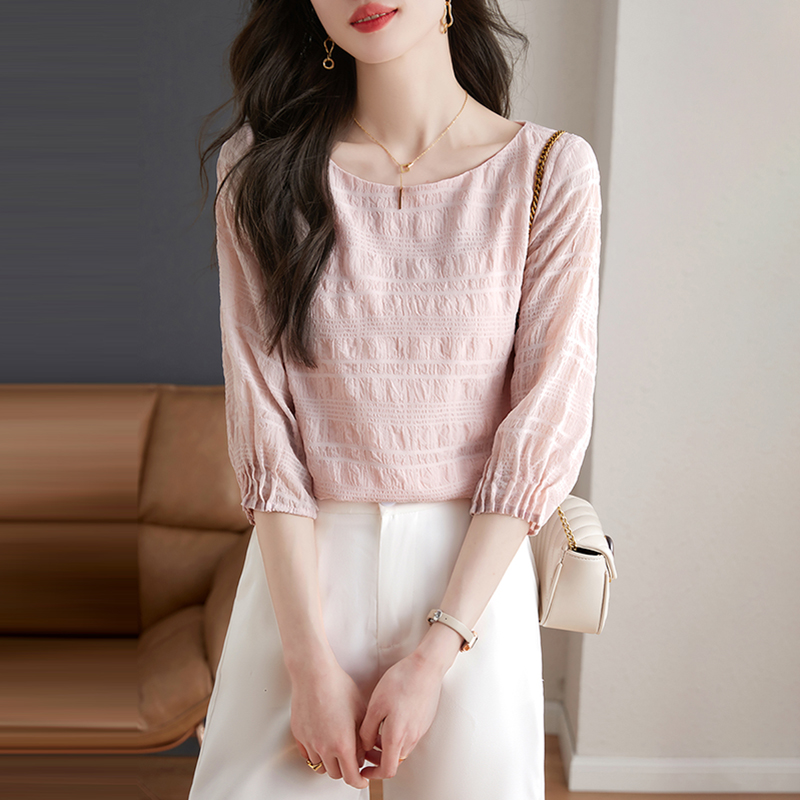 甜系圓領壓褶皺七分袖小衫