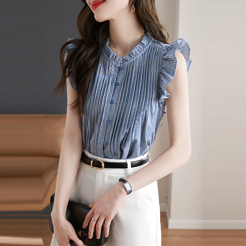 法式半開領格子荷葉邊無袖襯衫