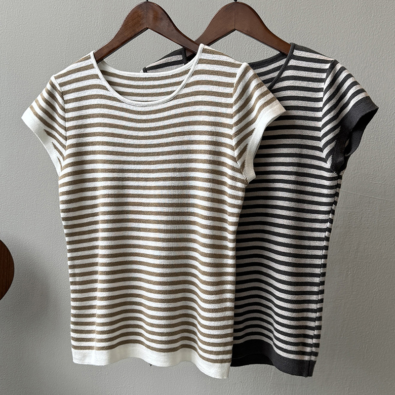 春夏新款撞色條紋圓領短袖T恤(2色)