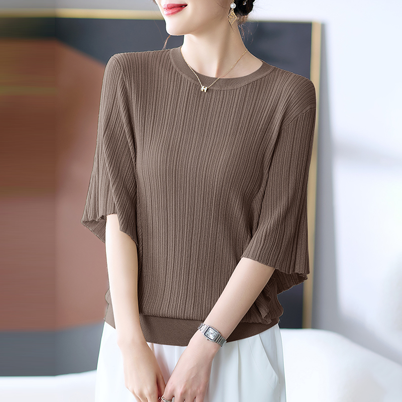 優雅圓領肌理豎條蝙蝠短袖T恤(4色)