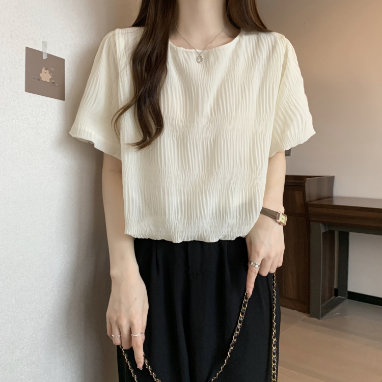 圓領肌理感壓褶泡泡短袖小衫