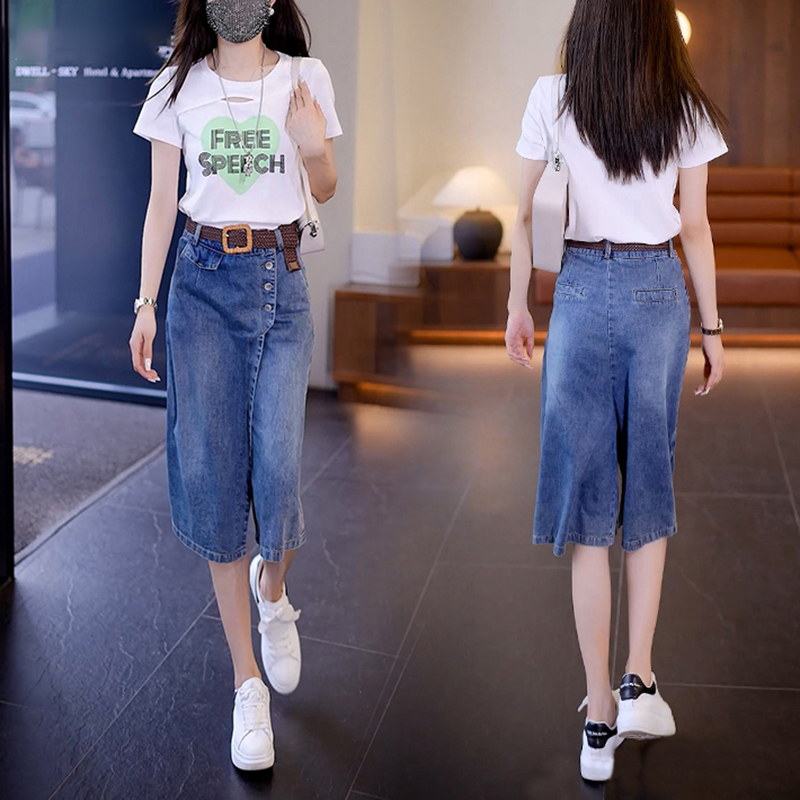 薄款七分高腰寬鬆闊腿牛仔裙褲