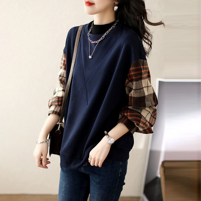 復古格紋假兩件不起球圓領衛衣