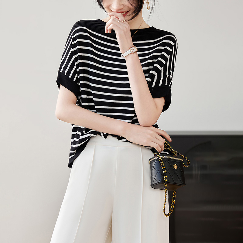 撞色條紋一字領針織T恤(3色)