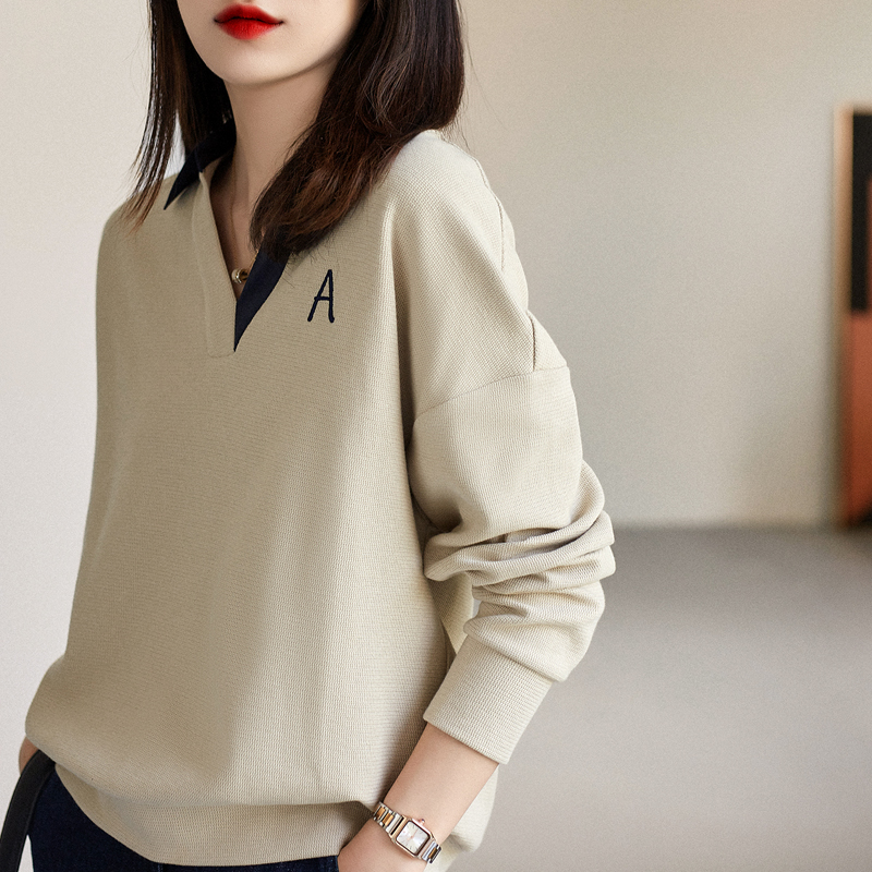 翻領撞色無帽V領寬鬆衛衣(2色)