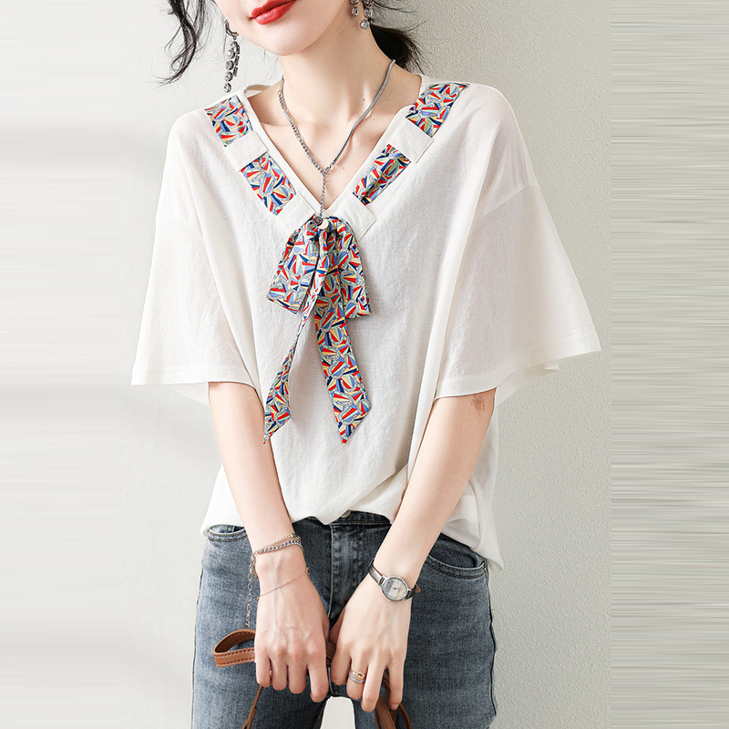 時尚繫帶撞色緞帶短袖T恤