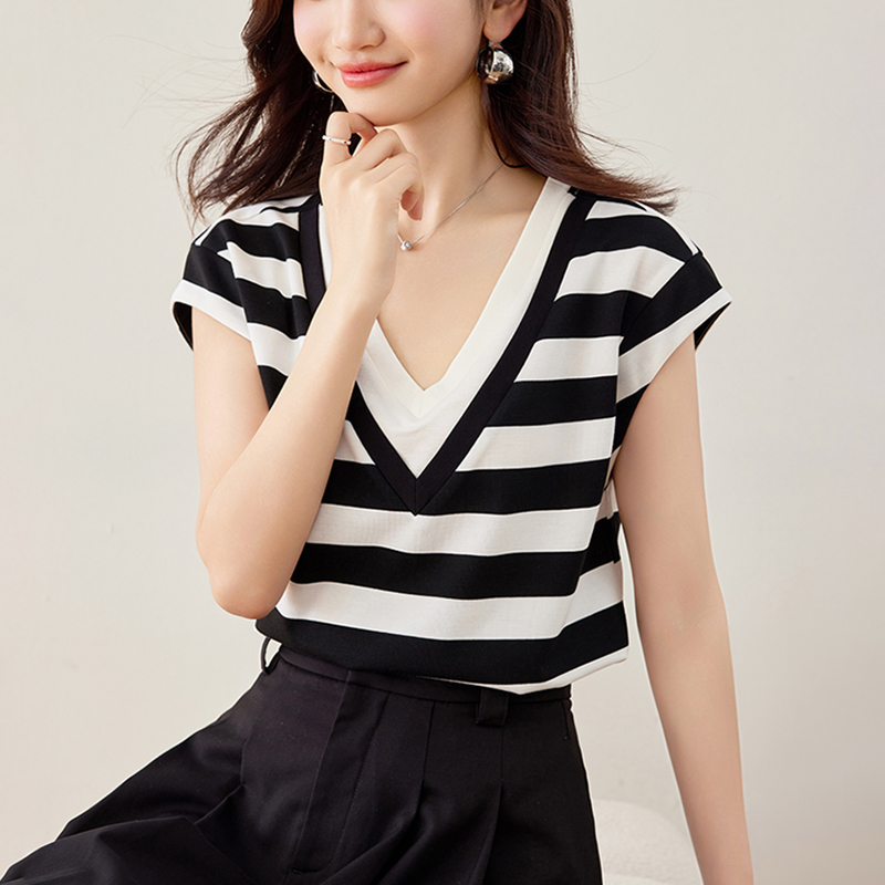 韓系假兩件V領拼色短袖T恤