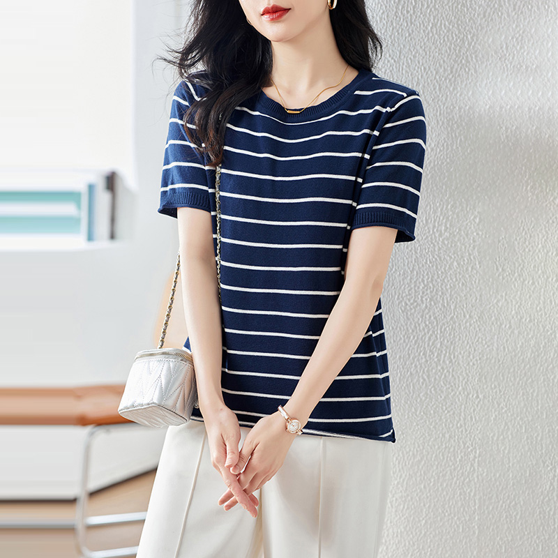 韓系休閒圓領條紋短袖T恤