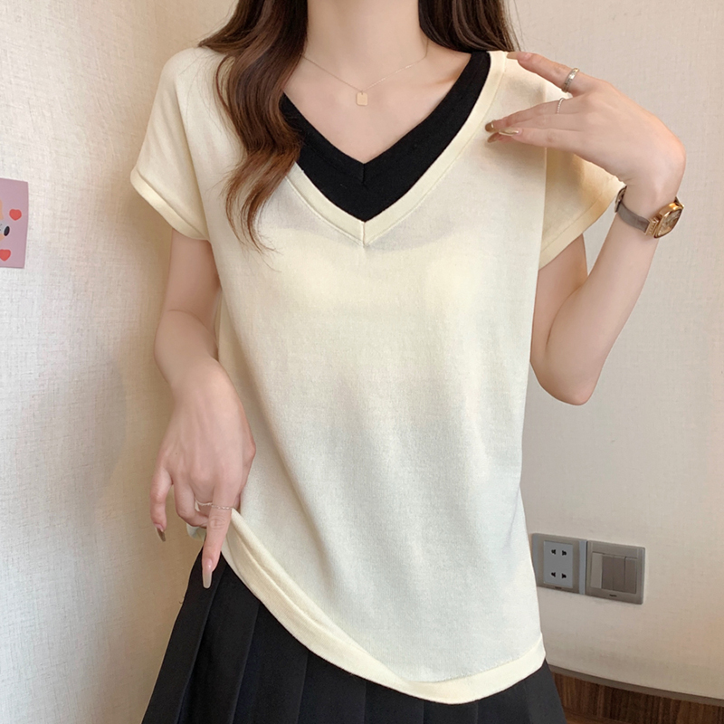 時尚假兩件V領針織短袖T恤(2色)