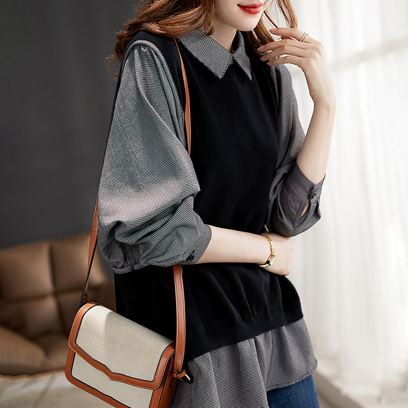 洋氣別緻寬鬆假兩件長袖襯衫