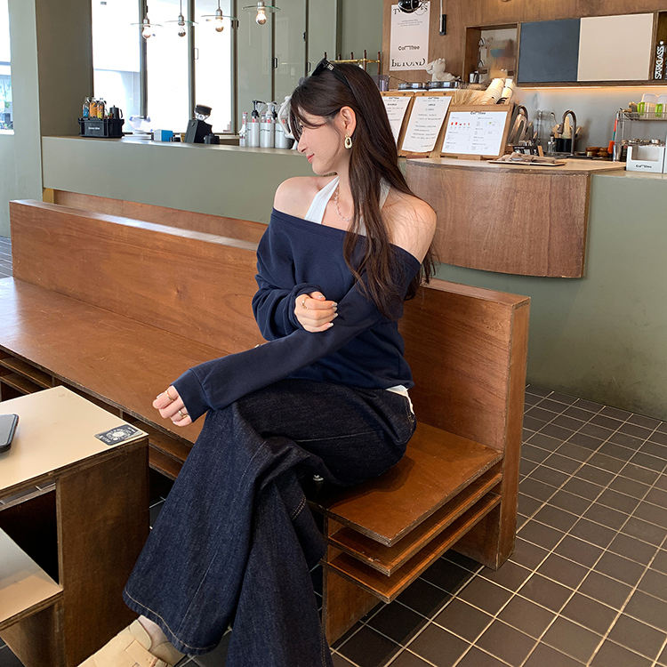 韓系掛脖一字領露肩假兩件長袖衛衣(2色)