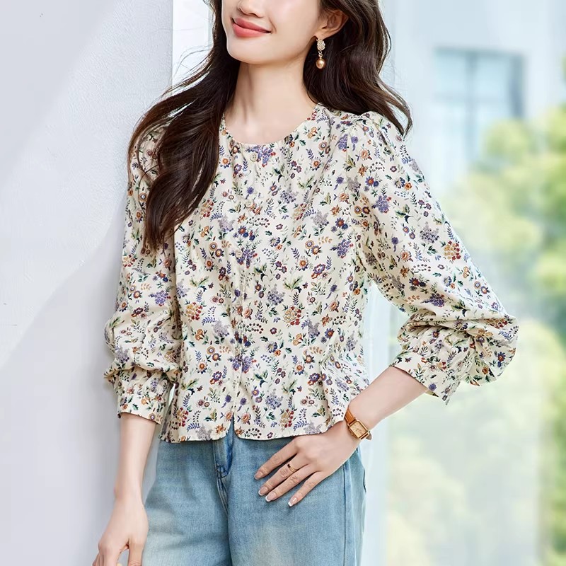 田園風寬鬆休閒圓領碎花襯衫