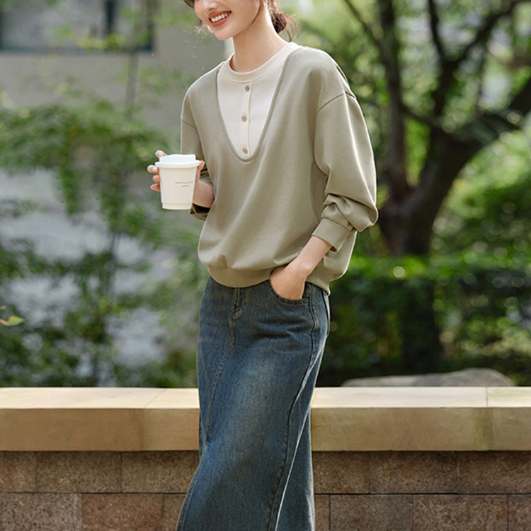 優雅疊穿撞色設計假兩件衛衣