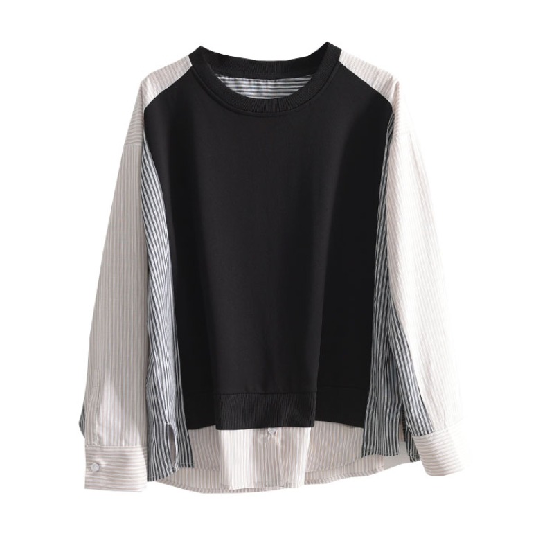韓系寬鬆撞色條紋假兩件長袖T恤(2色)