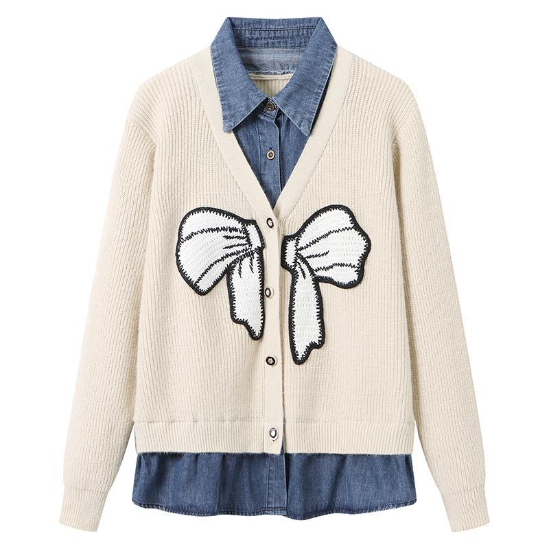 假兩件蝴蝶結提花針織牛仔拼接外套(2色)