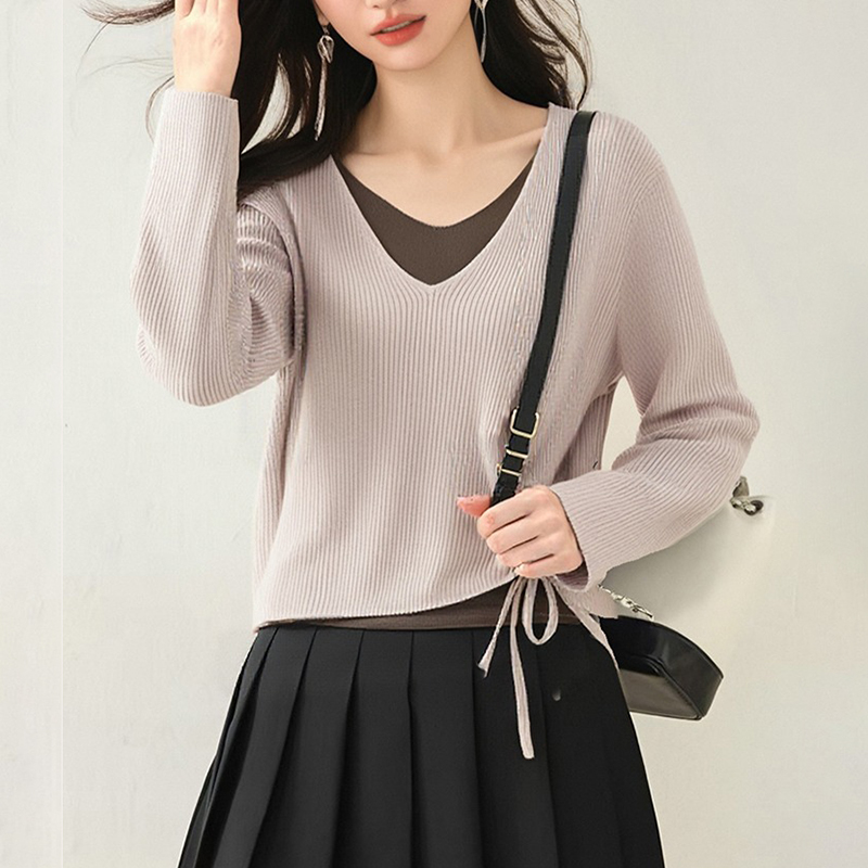 撞色V領假抽繩休閒針織衫(2色)